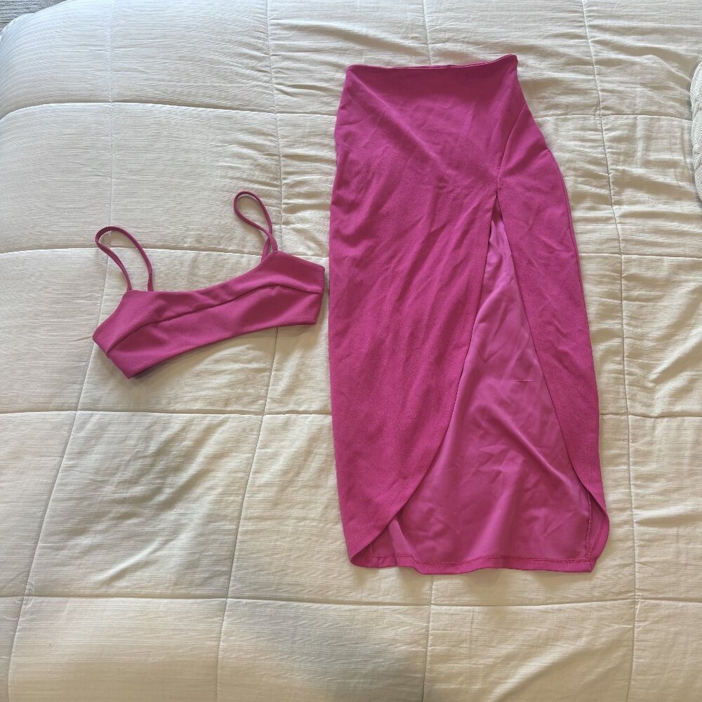 Showpo Grayson Crop Top and Split Front Midi Skirt Two Piece Set in Hot Pink